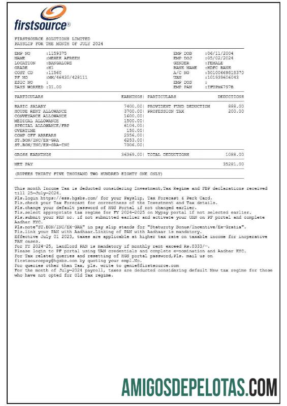 Realista Modelo de recibo de pagamento da Firstsource Solutions em formatos Word e PDF.pdf, 1